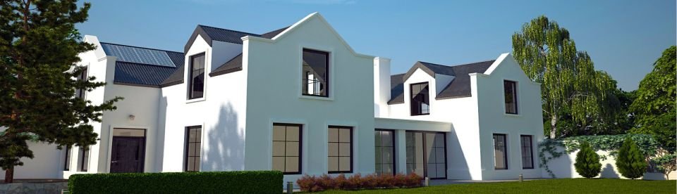 Elegant two-story white house with black roof.