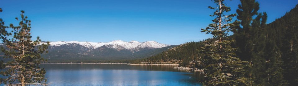 A serene lake reflects surrounding pine trees.
